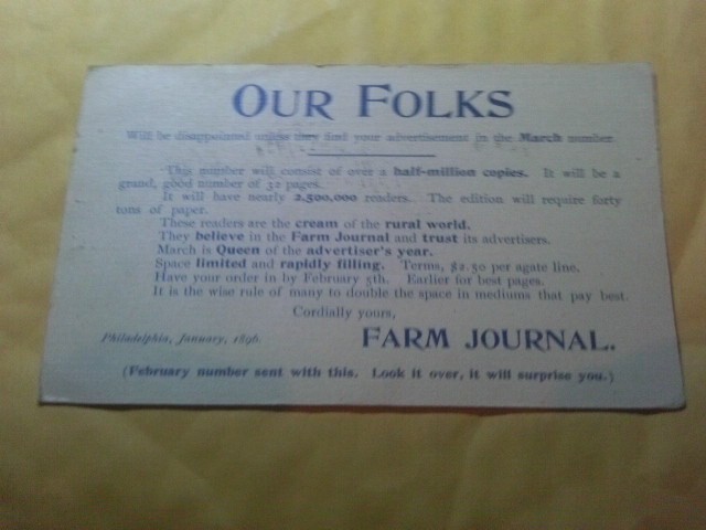 RARE 1896 AGRICULTURE POSTCARD AD FARM JOURNAL MAGAZINE DAIRY DAIRYING