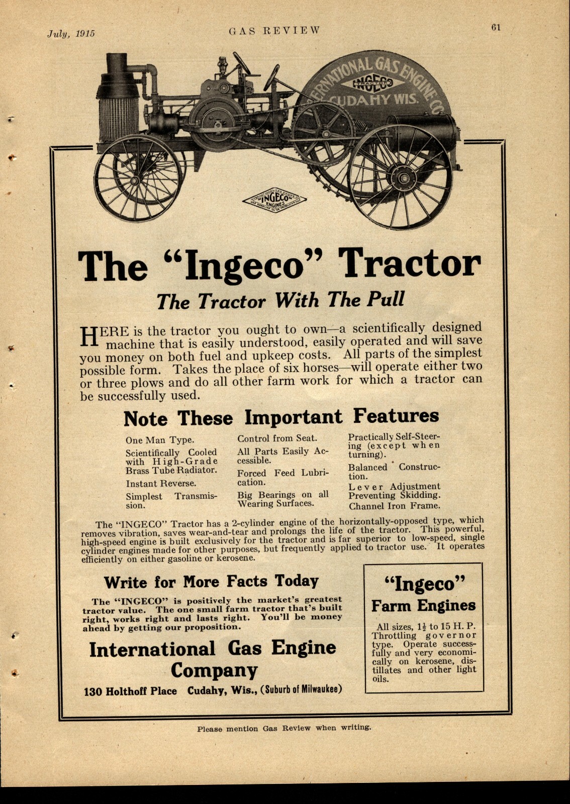 1915 INGECO International Gas Engine Company Advertisement: Cudahy, Wisconsin