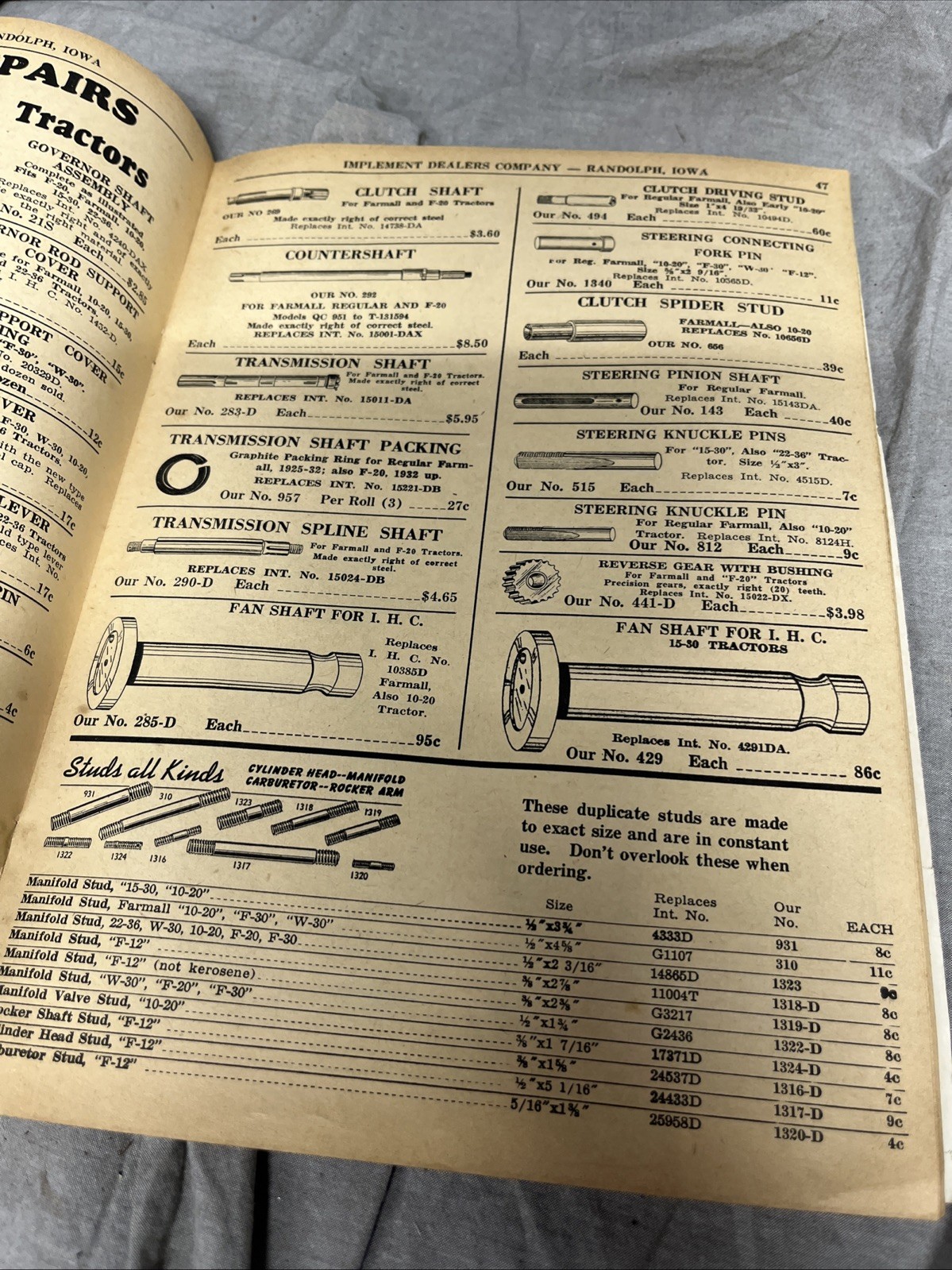 VTG 1943 Implement Dealers Co. Catalog RANDOLPH IA Tractor Truck Parts DEVIL IMP