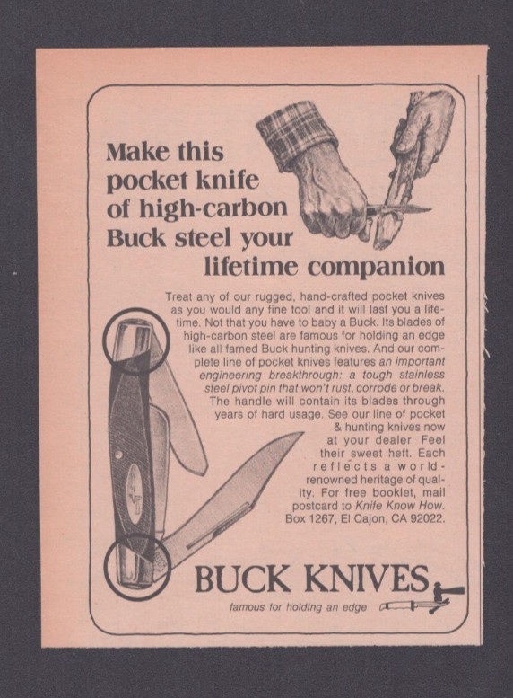1974 Print Ad Buck Knives Make This Pocket Knife of High-Carbon Buck Steel