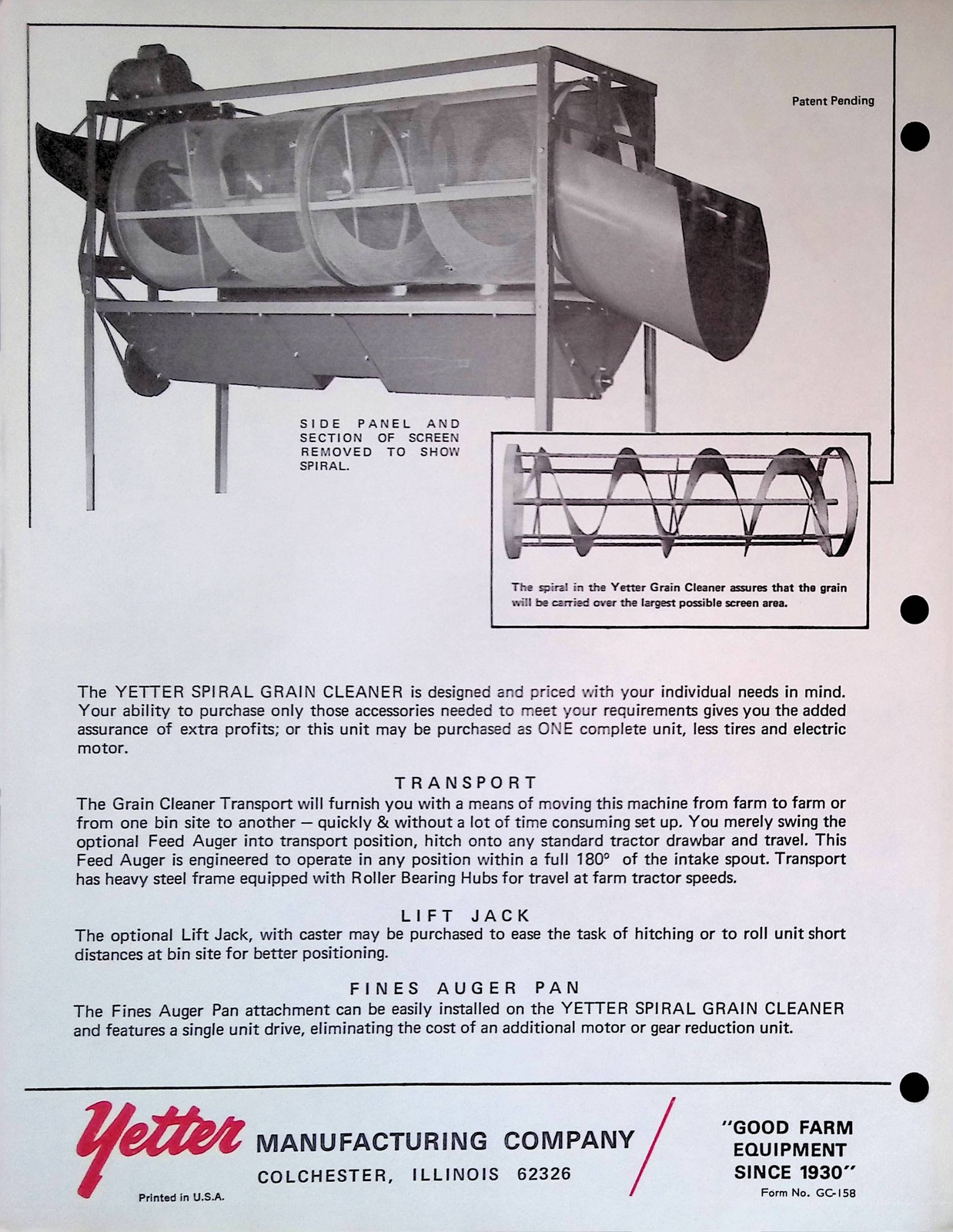 Vintage Farm Advertisement Spec Sheet Yetter Spiral Grain Cleaner and Transport