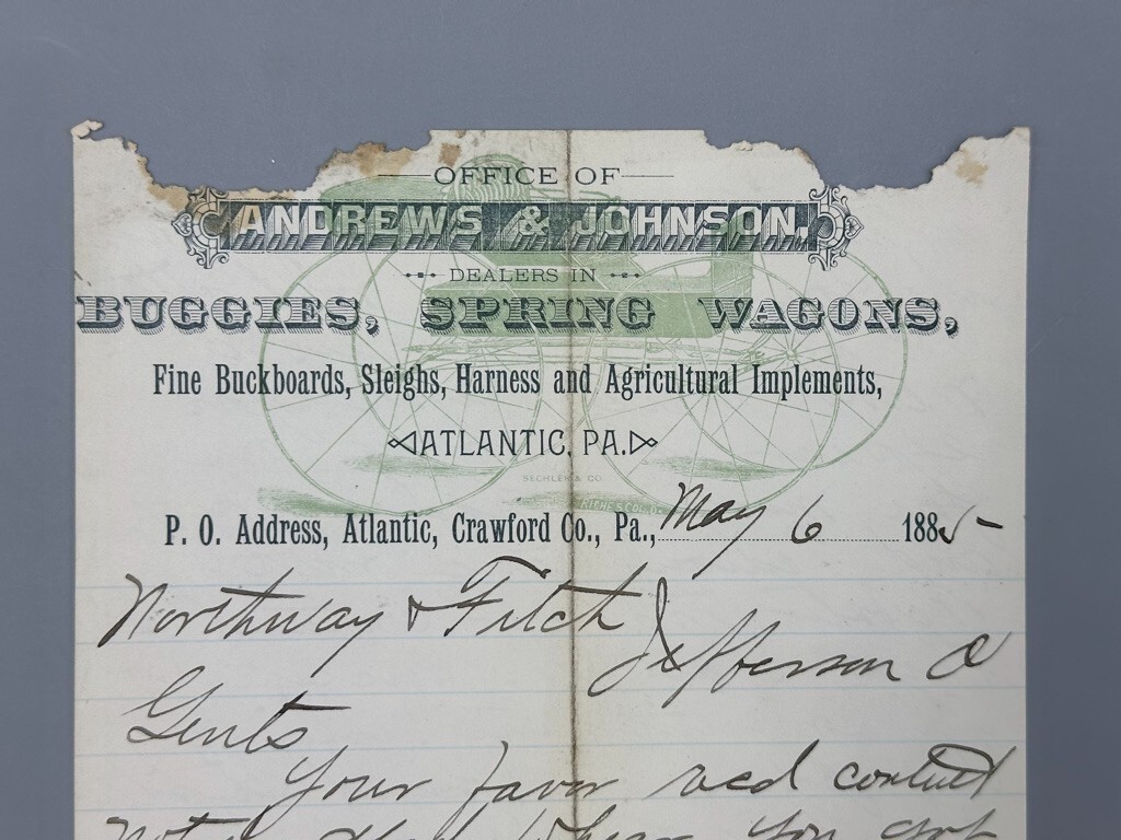 1885 WAGONS Buggies SLEIGHS Farm ATLANTIC PA Andrews Johnson Advertising Letter