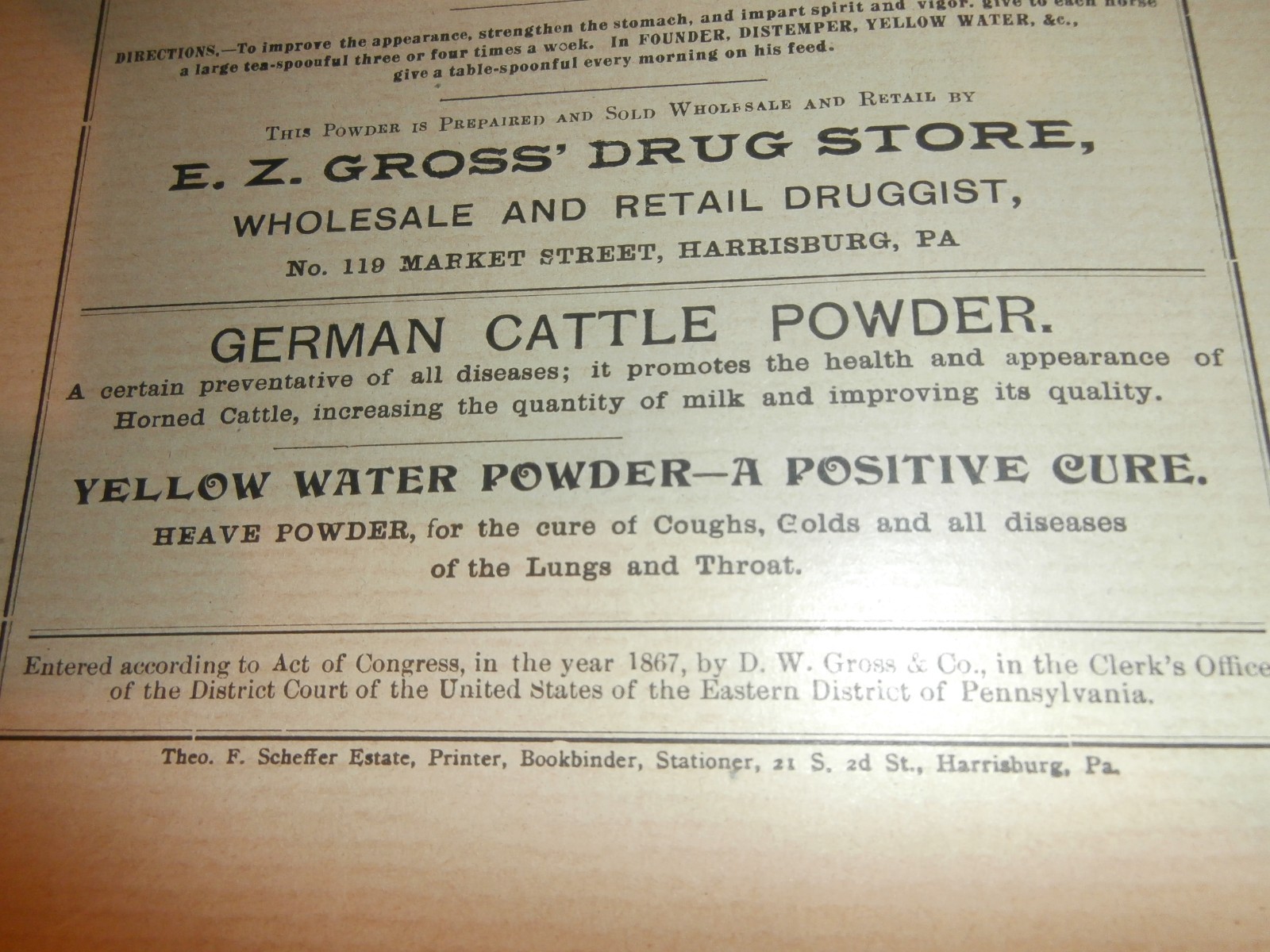 Harrisburg PA E Z Gross Drug Store German Horse Cattle Powder 1800&rsquo;s Paper Ad