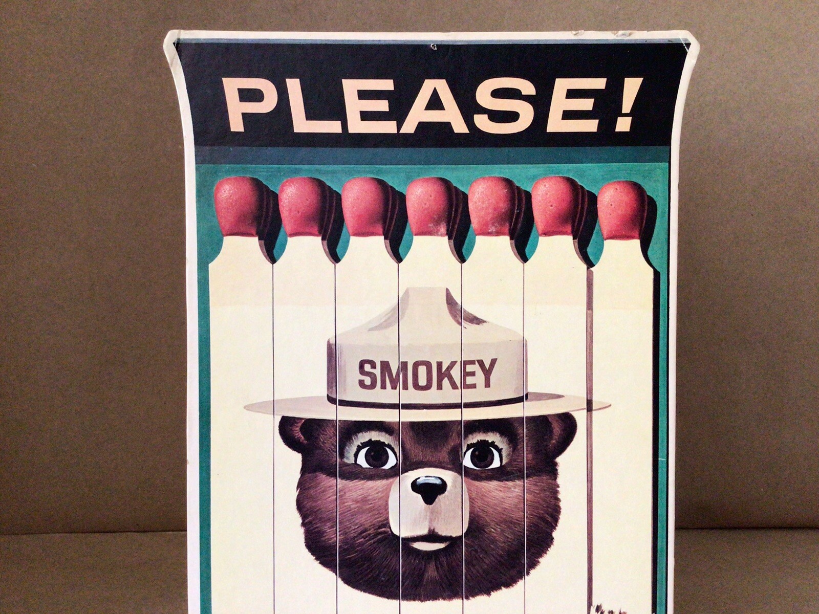 SMOKEY THE BEAR ORIGINAL 1963 MATCHBOOK STAND UP CARDBOARD COUNTER DISPLAY SIGN