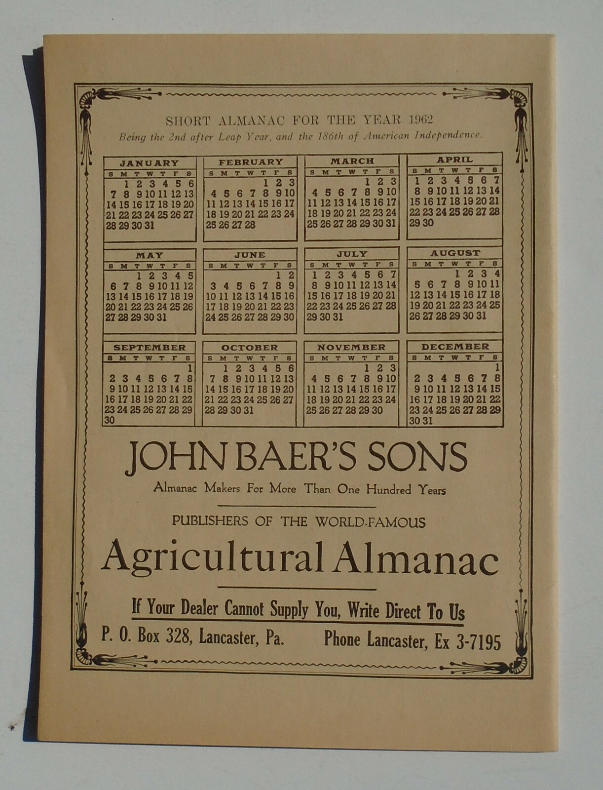 John Baer&rsquo;s Sons, Lancaster, PA 1962 Agricultural Almanac