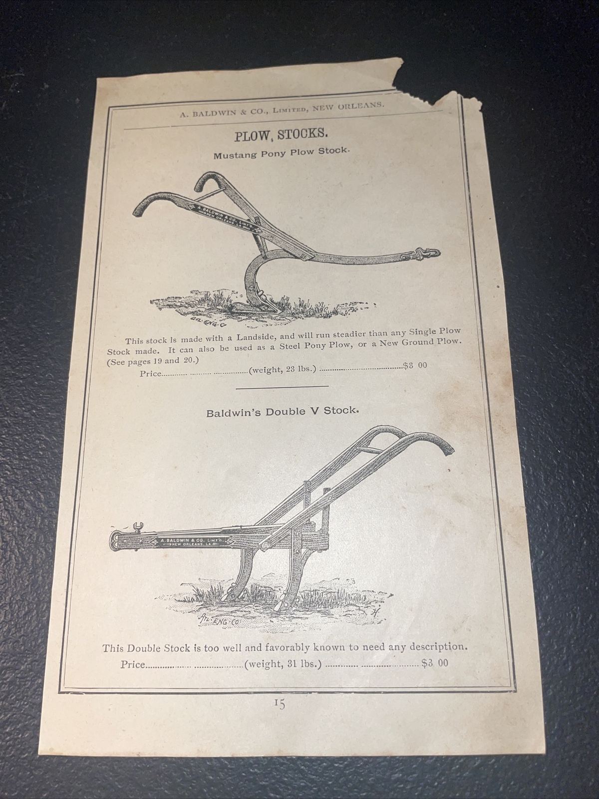 1891 Baldwin Mustang Pony Plow Farm Advertising – New Orleans – Louisiana