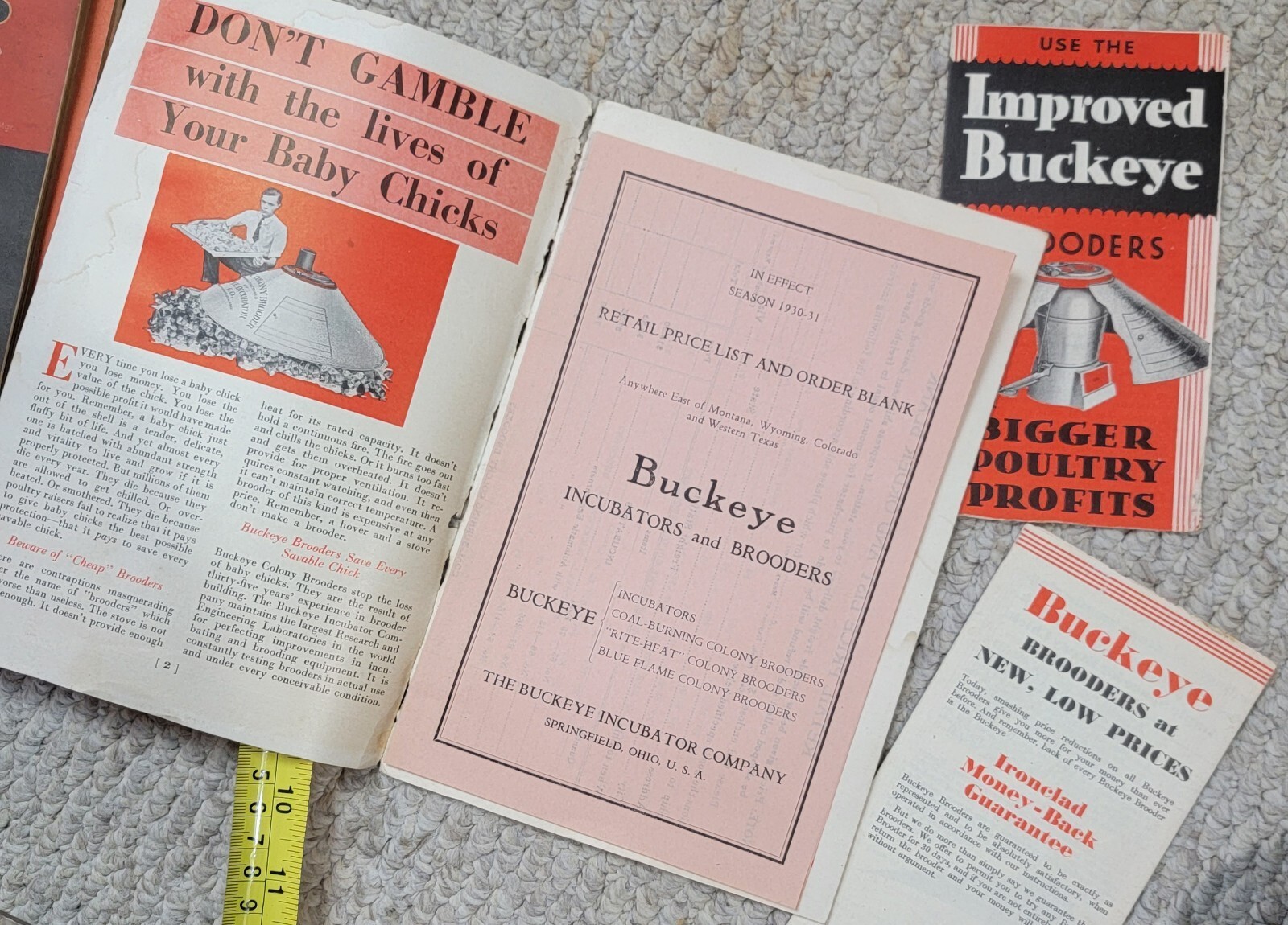 1920s 3 Pamphlets, Price List, New Improved BUCKEYE Brooders Chicken Incubator