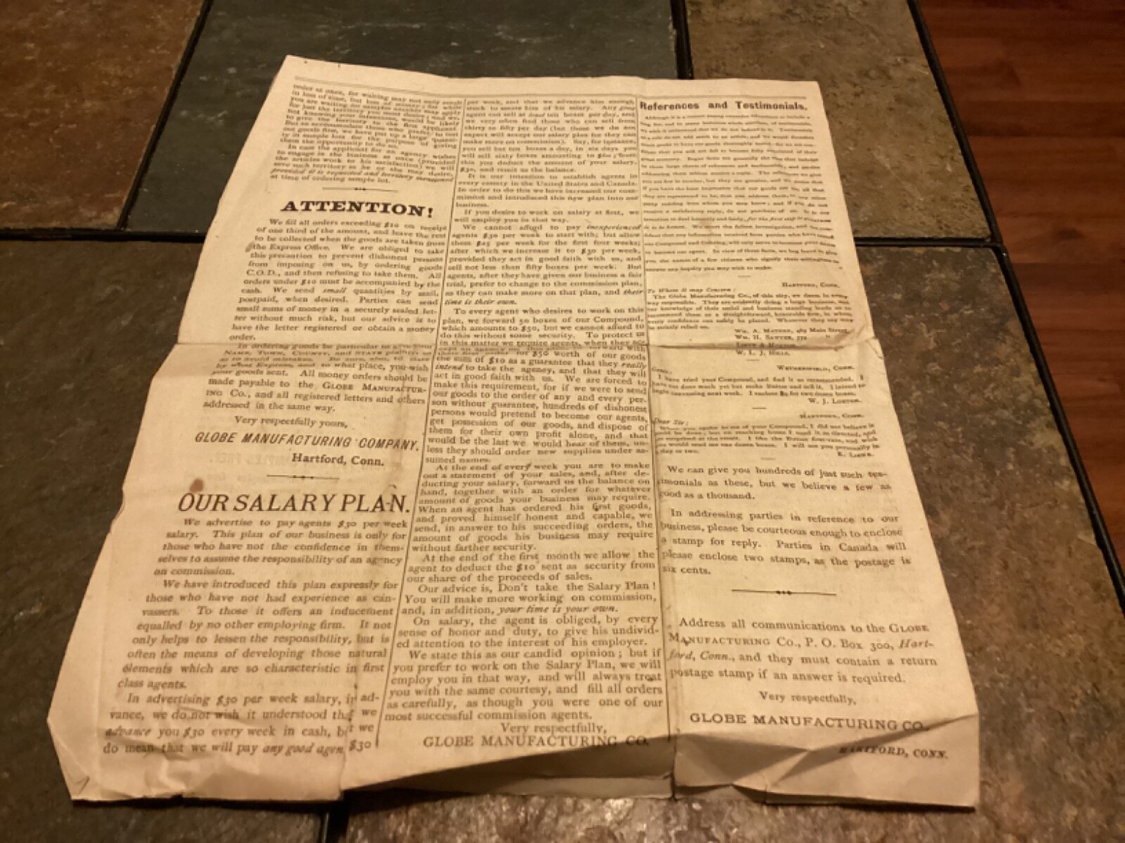 1800s Globe Manufacturing Co, Hartford, « Star Butter Compound » Flyer / Pricelist