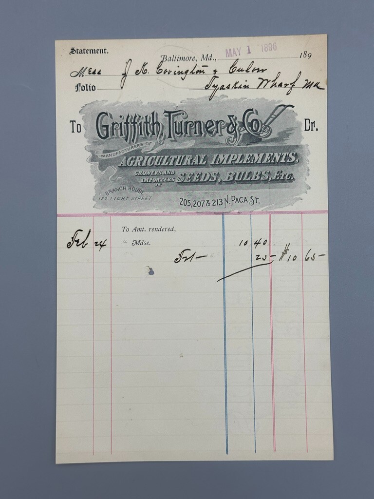 1896 PLOW Griffith Turner Agricultural Implements FARM Advertising BALTIMORE MD