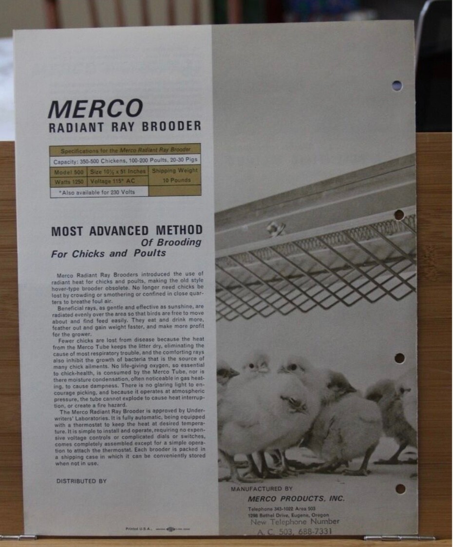 Dealer Brochure MERCO Radiant Ray Brooder Pigs Poultry Livestock Eugene Oregon