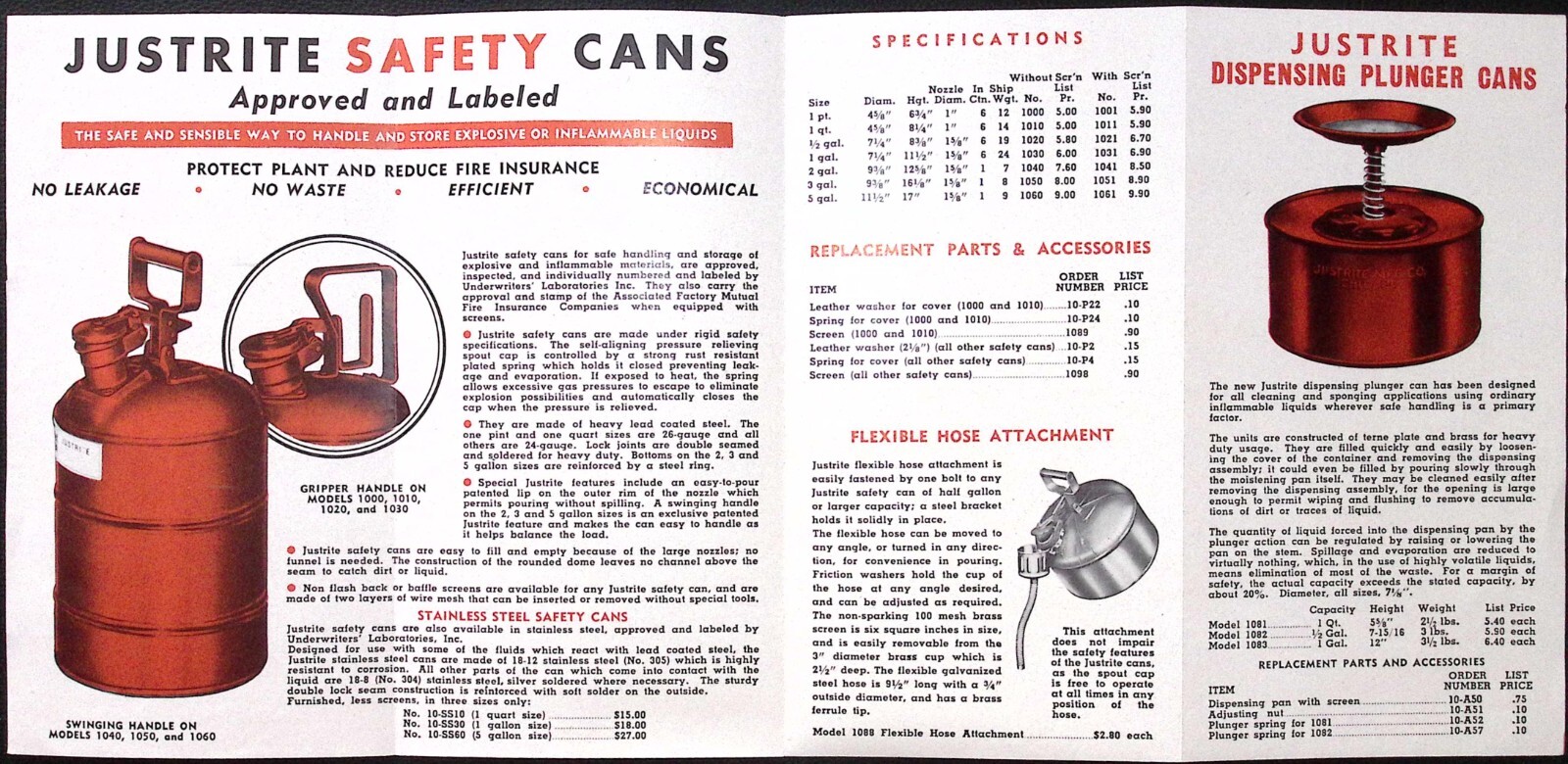 1952 Justrite Safety Products Safety Can Plunger Can Oil Waster Can Brochure