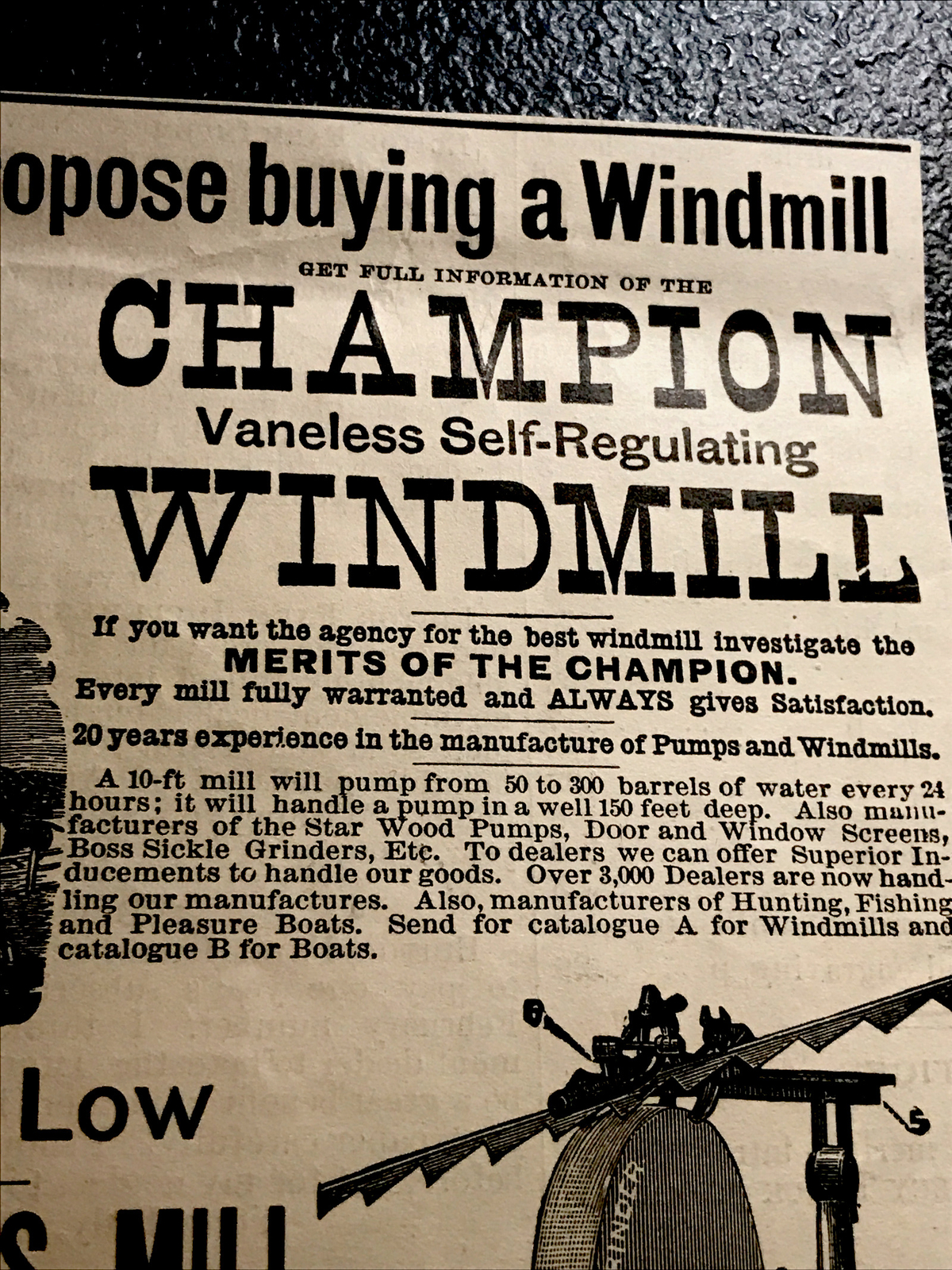 1886 Douglas Champion Windmill Farm Engraving Advertising – Waukegan – Illinois
