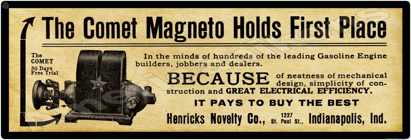 1912 Henricks Comet Magneto New Metal Sign, 12&Prime; x 36&Prime; USA STEEL XL Size – 4#