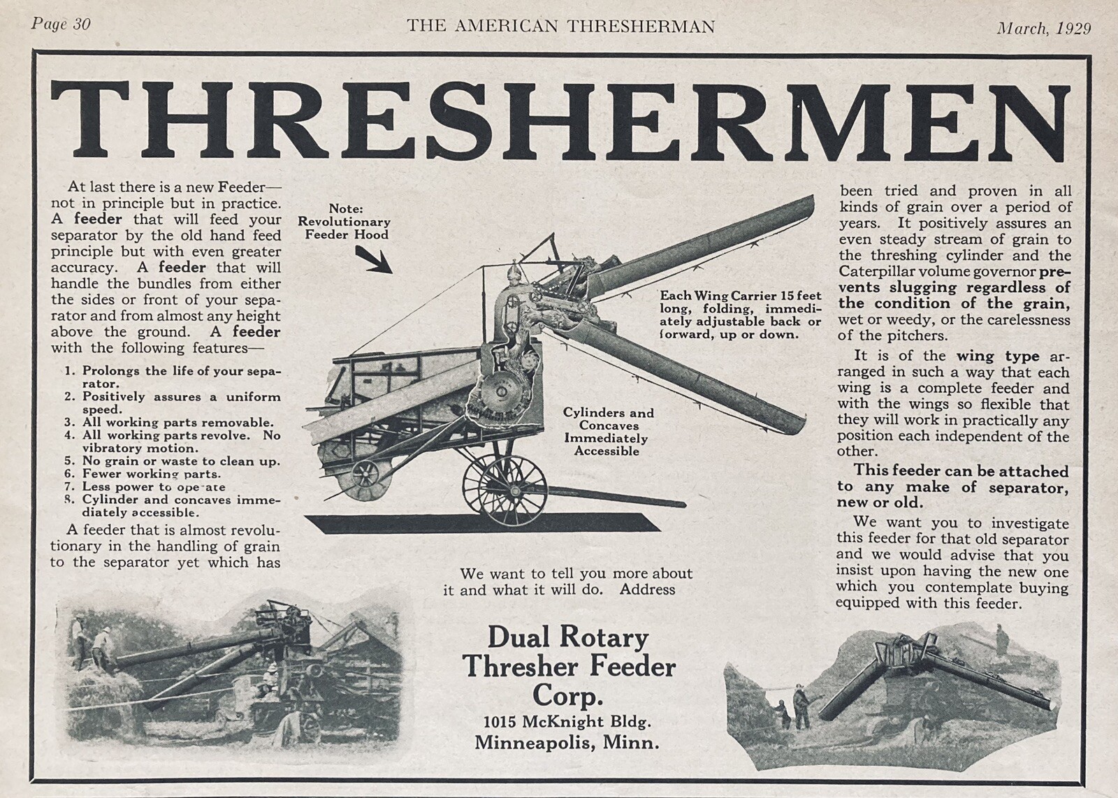 1929 AD.(XH66)~DUAL ROTARY THRESHER FEEDER CO. MINNEAPOLIS, MINN. THRESHERMAN