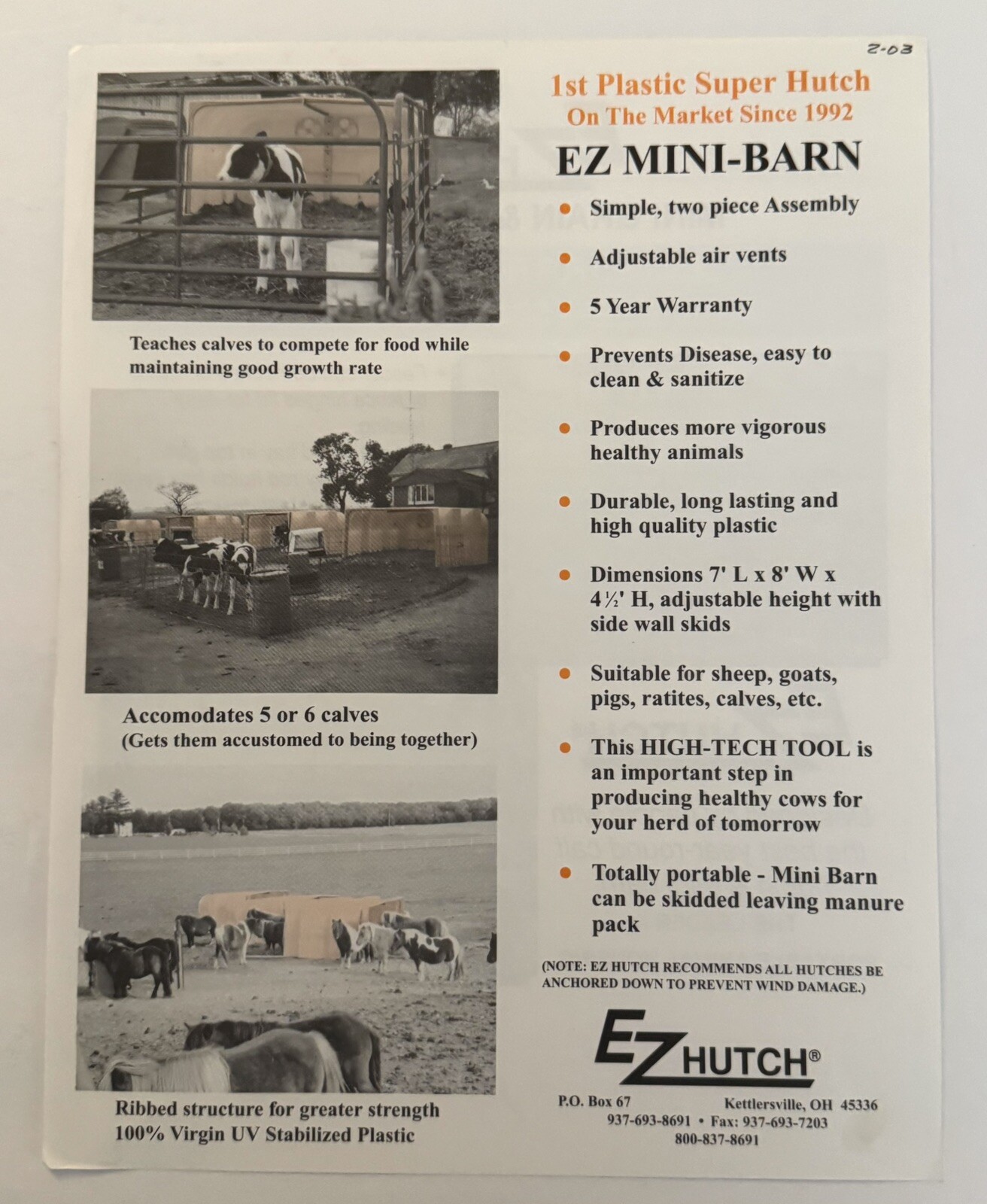 Cattle Ranch 2003 EZ Hutch Mini Grain & Hay Feeders Dealer Sales Brochure 2 Page