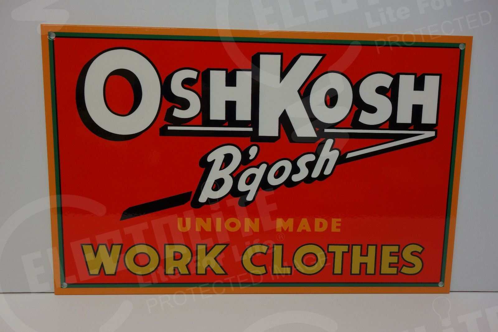 OSHKOSH B&rsquo;gosh UNION MADE WORK CLOTHES STEEL ENAMEL SIGN 9&Prime; High BY 14&Prime; Wide