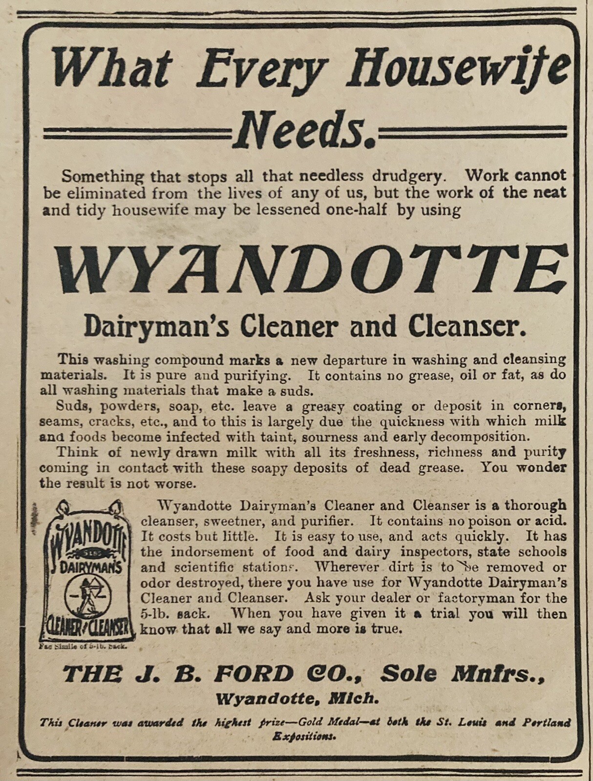 1906 AD.(XH56)~J.B. FORD CO. WYANDOTTE, MI. WYANDOTTE DAIRYMAN’S CLEANER
