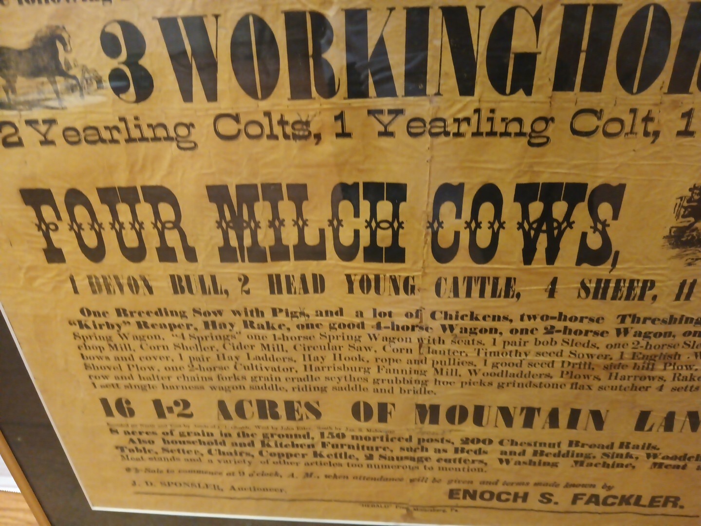 1876 Public Farm Sale Framed Auction Notice, Halifax Township, Pennsylvania