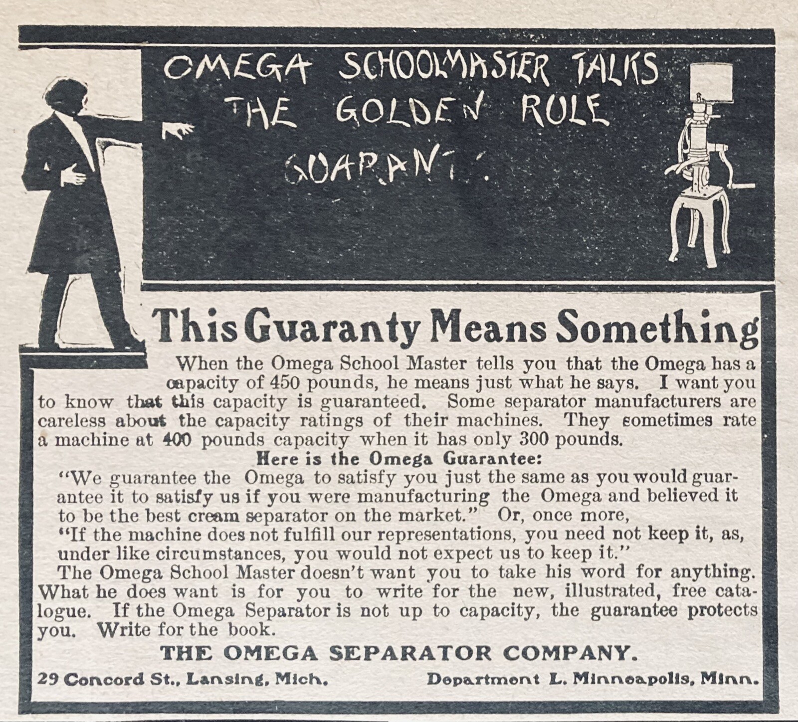 1905 AD.(XH28)~THE OMEGA SEPARATOR CO. LANSING, MI. OMEGA CREAM SEPARATOR