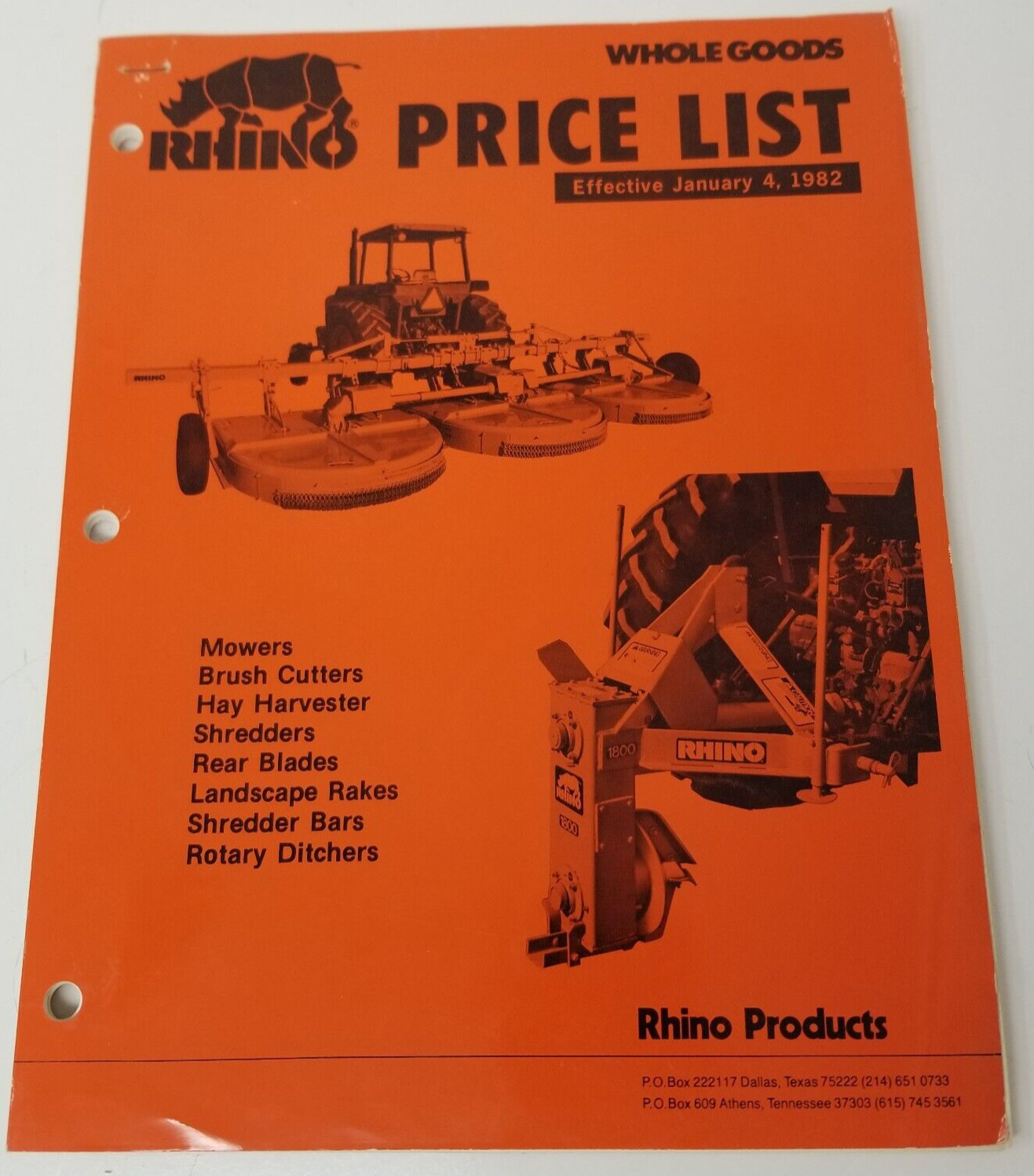 Rhino Mowers Cutters Shredders 1982 Price List Dallas Texas Photos Specs
