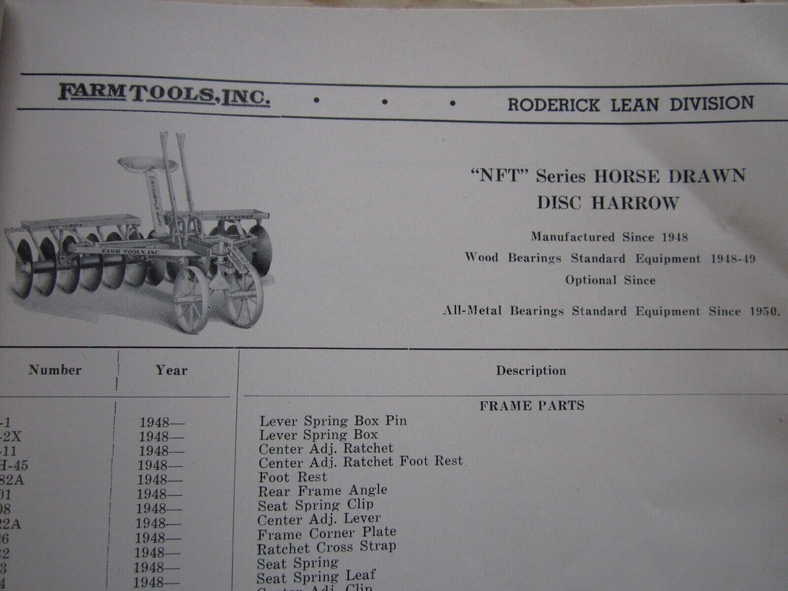 1952 FARM TOOLS, INC HORSE DRAWN FARM IMPLEMENTS 70+ PAGE PARTS CATALOG MANUAL