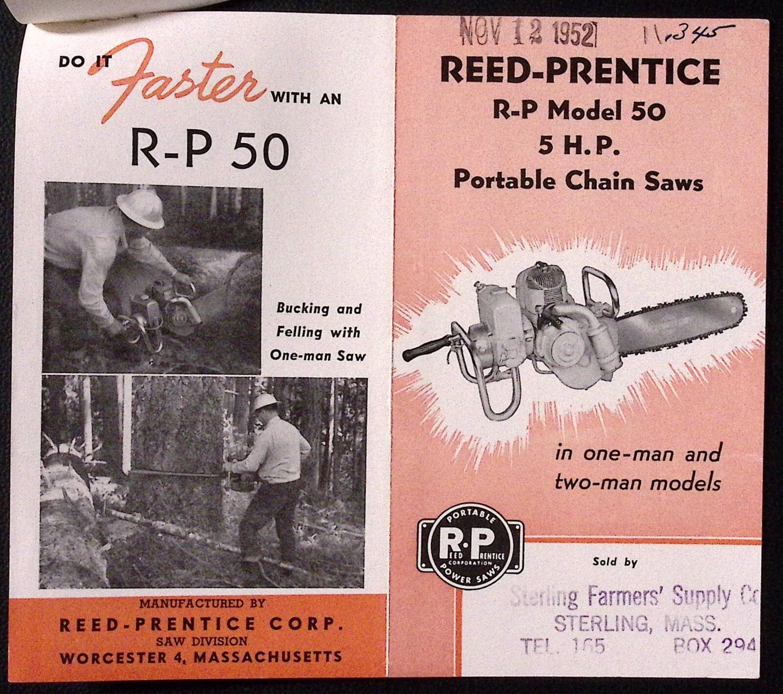 1952 Reed-Prentice R-P Model 50 5 HP Portable Chain Saws Brochure Worcester MA