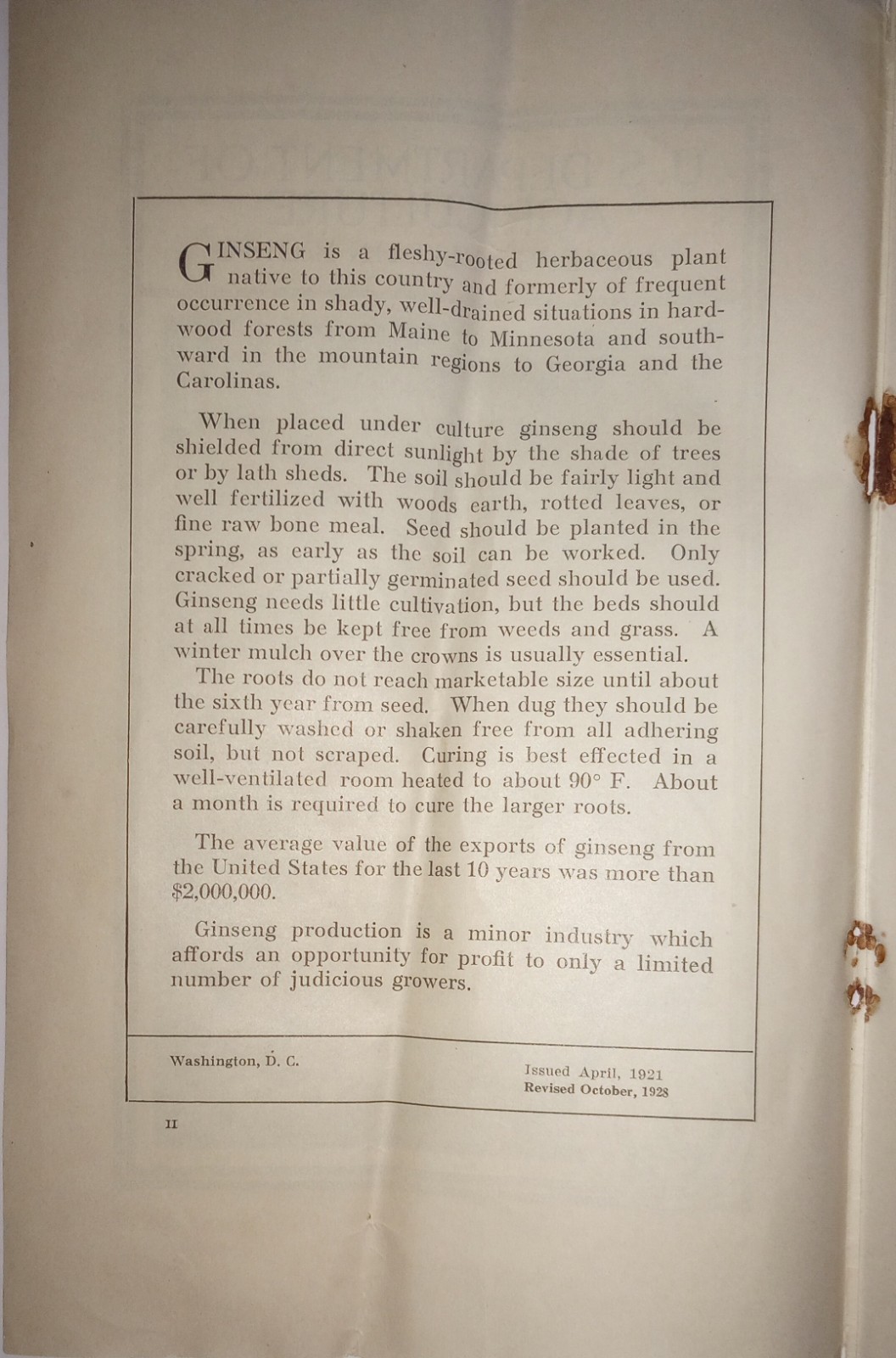 1933 Department Of Agriculture Farmers Bulletin #1184 Ginseng Culture Original