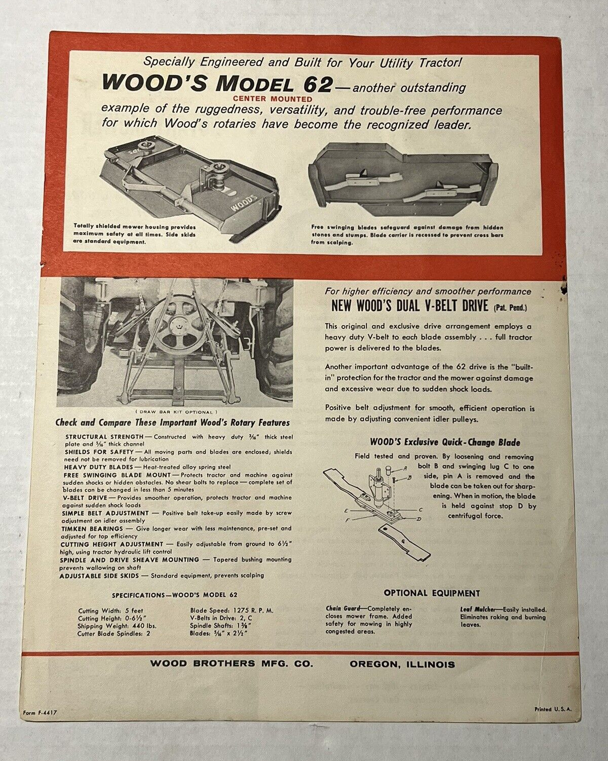 Wood&rsquo;s Brothers Rotary Mower Shredder Model 62 Dealer Sales Brochure
