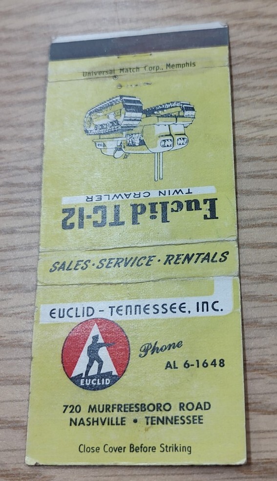 Euclid TC12 TC-12 Twin Crawler Logo Nashville Tennessee Inc TN Matchbook Cover
