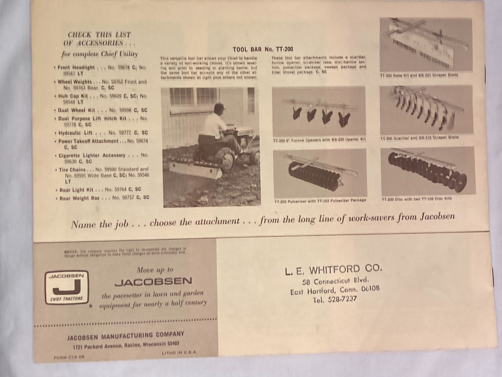 1968 Jacobsen Tractors Company Racine, Wisconsin, Tractor Attachments Catalog