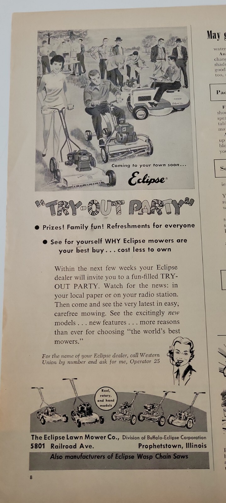 1958 Eclipse lawn mower mowing try-out party vintage ad