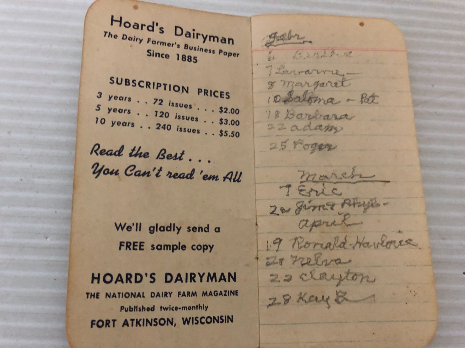 Vintage HOARD&rsquo;S DAIRYMAN Memo Book Fort Atkinson Wisconsin 1963