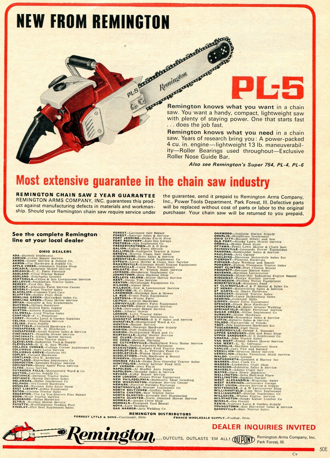 1965 Print Ad of Remington PL-5 Chain Saw
