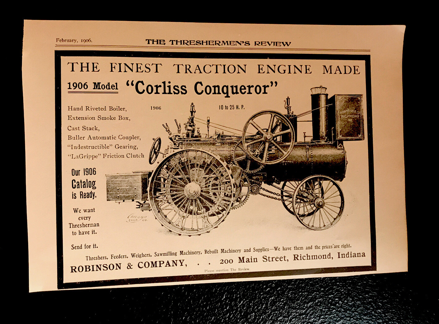 1906 Robinson Traction Engine Farm Implements Advertising – Richmond – Indiana