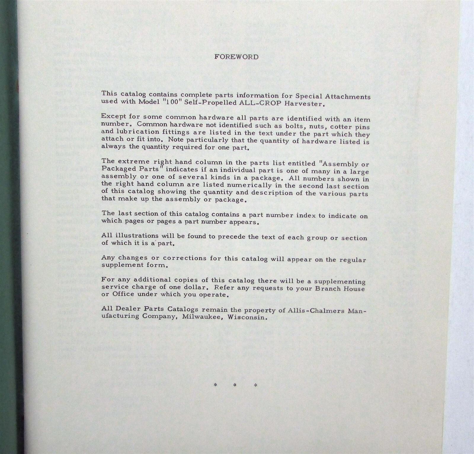 1957 Allis Chalmers Model100 Special Attachment Propelled Harvester PartsCatalog