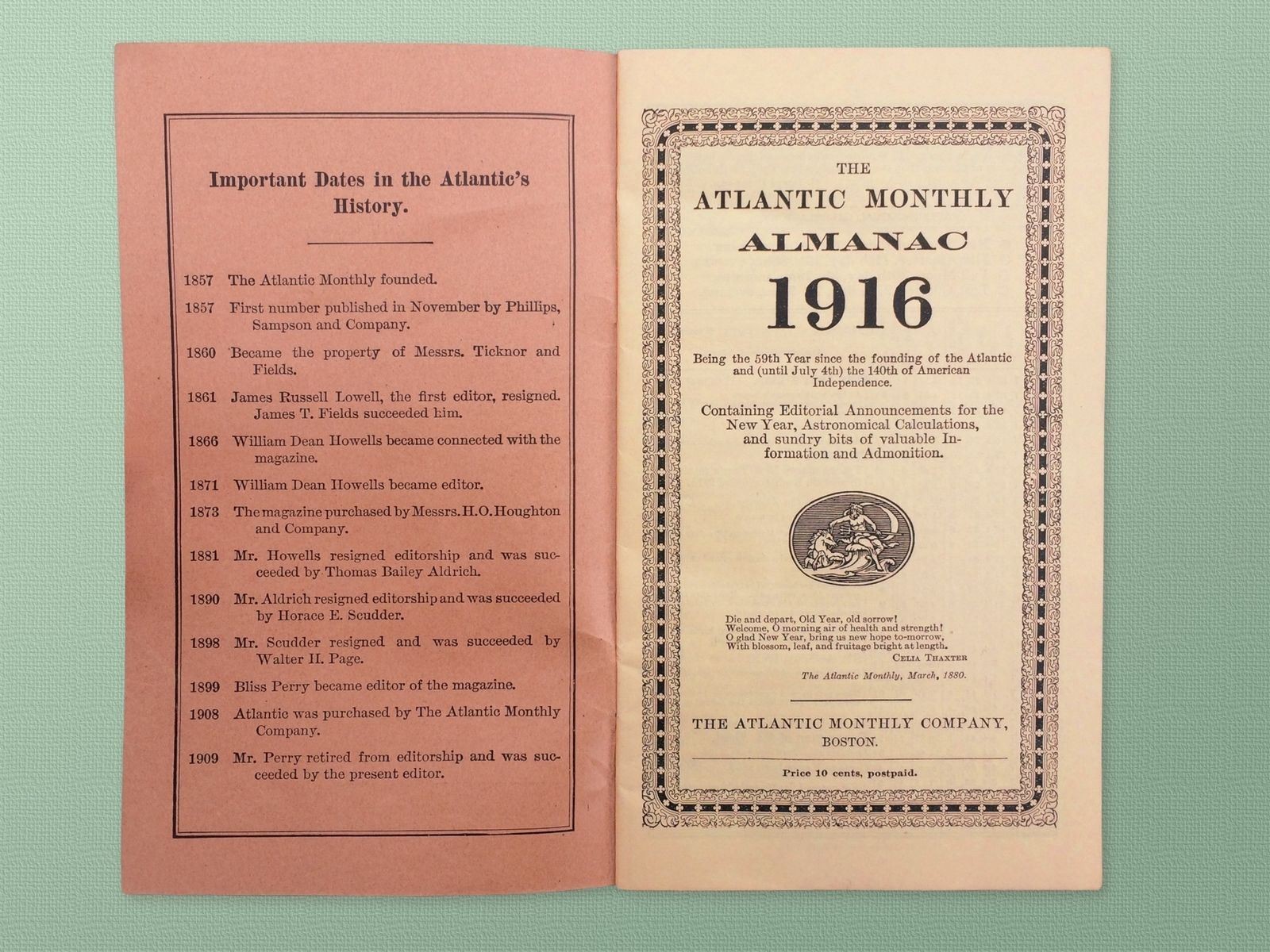 1916 THE ATLANTIC MONTHLY LITERARY ALMANAC, BOSTON MASSACHUSETTS
