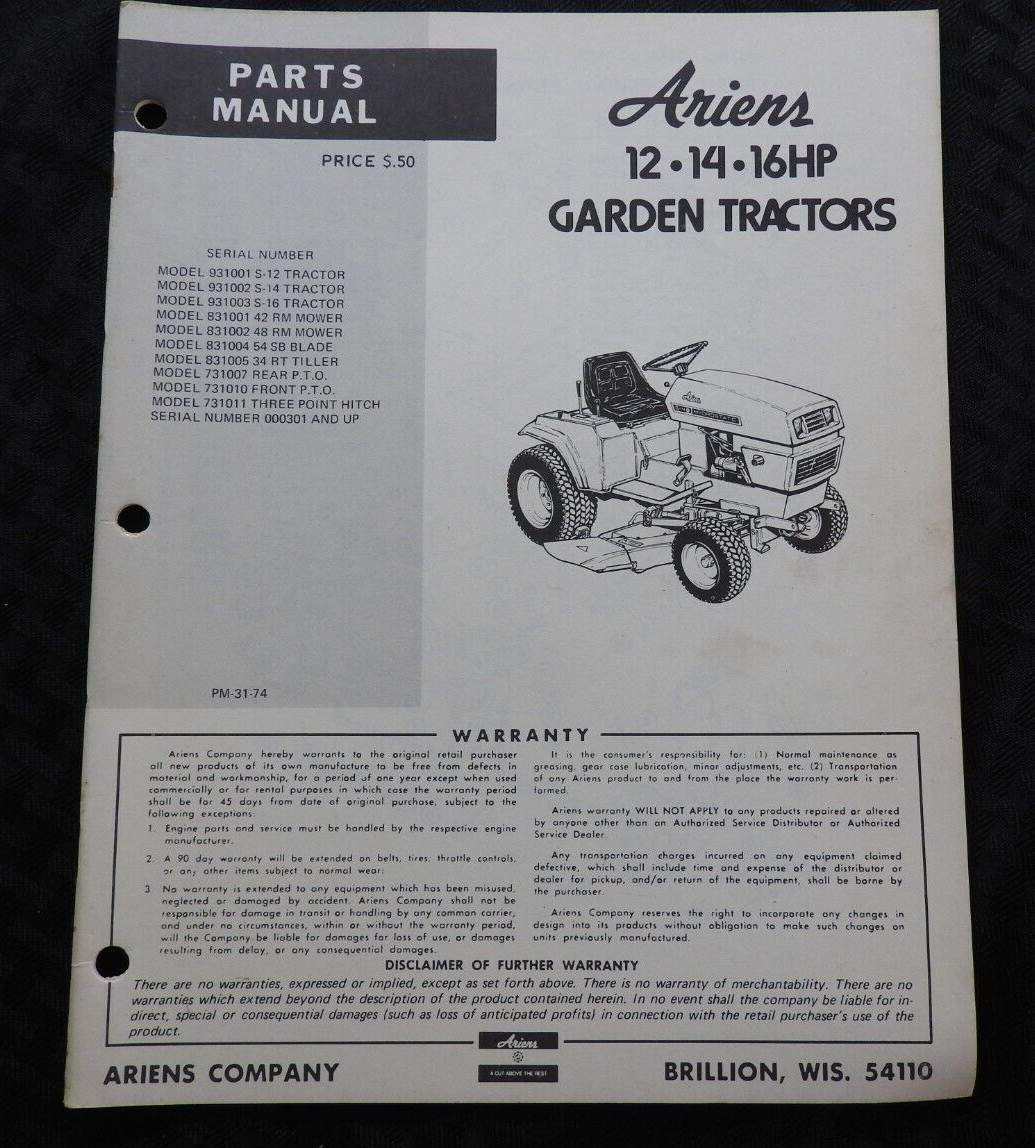 ORIGINAL 1973-1975 ARIENS S-12 S-14 S-16 LAWN TRACTOR PARTS CATALOG MANUAL