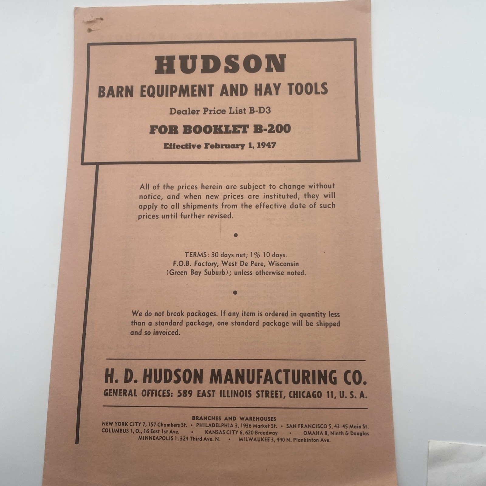 Vintage 1947 Hudson Barn Equipment Hay Tools Brochure Agriculture Advert F44