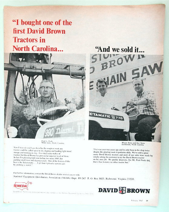 1967 David Brown 990 Tractor Ad Photo Endorsed Fred Poole White Lake NC