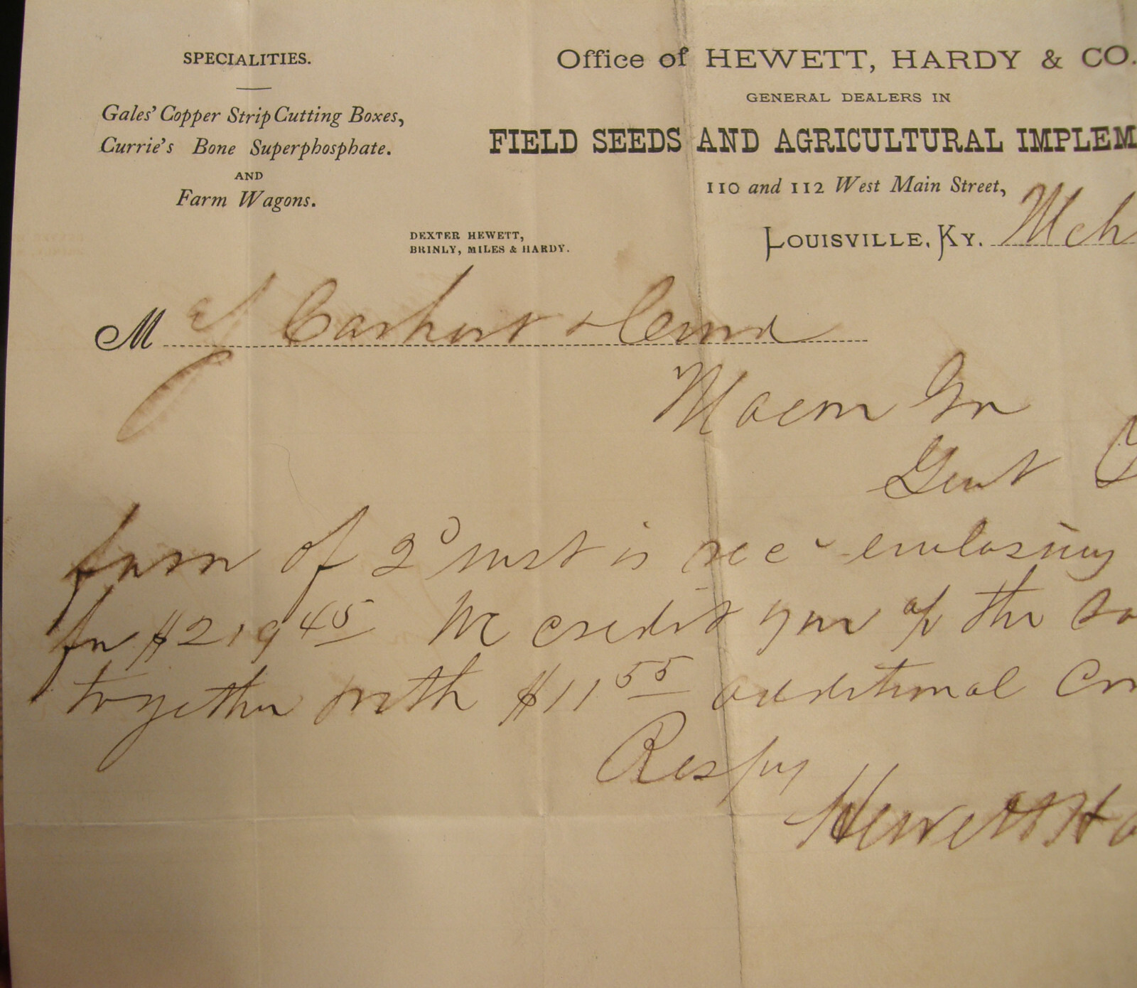 ANTIQUE LETTERHEAD HEWETT HARDY CO SEEDS & AGRICULTURAL IMPLEMENTS LOUISVILLE KY