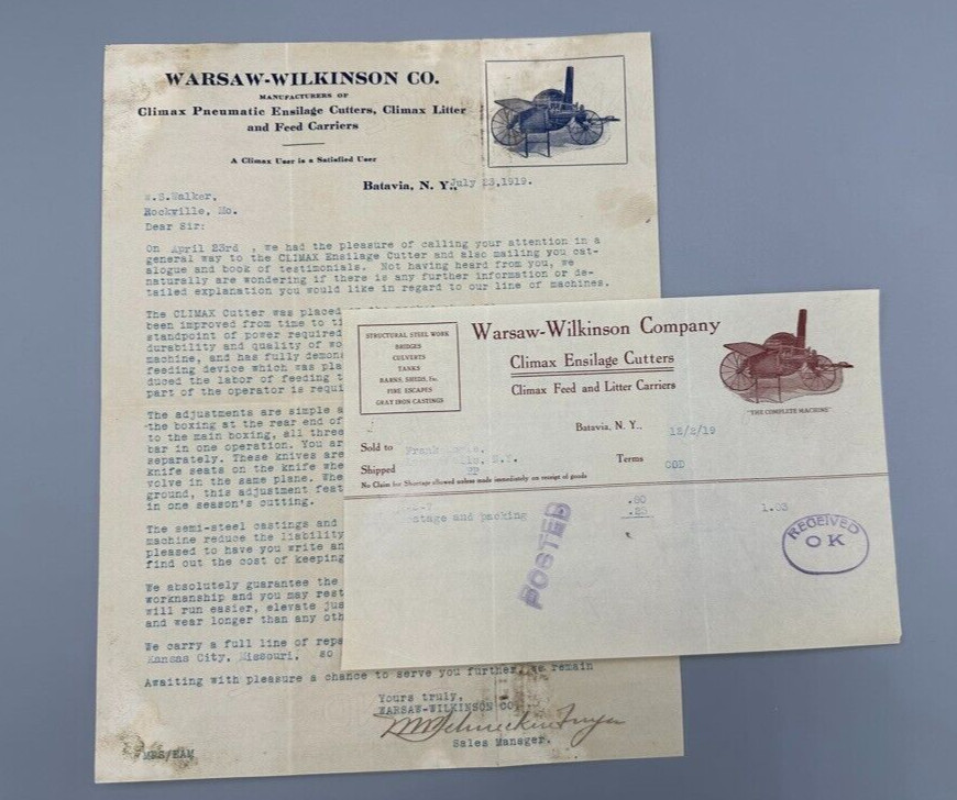 1919 WARSAW WILKINSON Climax Ensilage Cutters FARM Advertising Letter BATAVIA NY