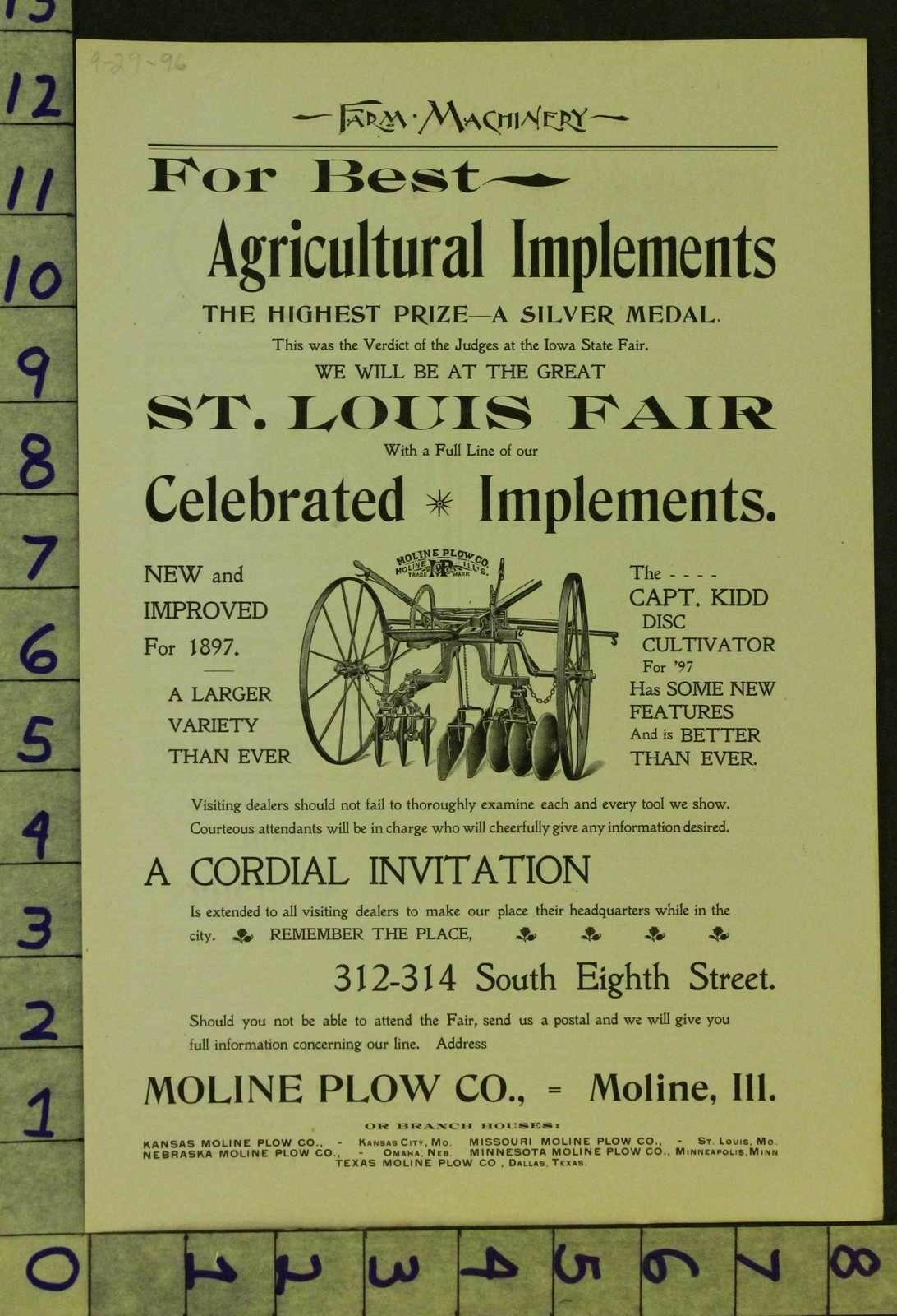 1896 AG FARM MOLINE PLOW ILLINOIS CULTIVATOR IMPLEMENT ST LOUIS FAIR AD RR49