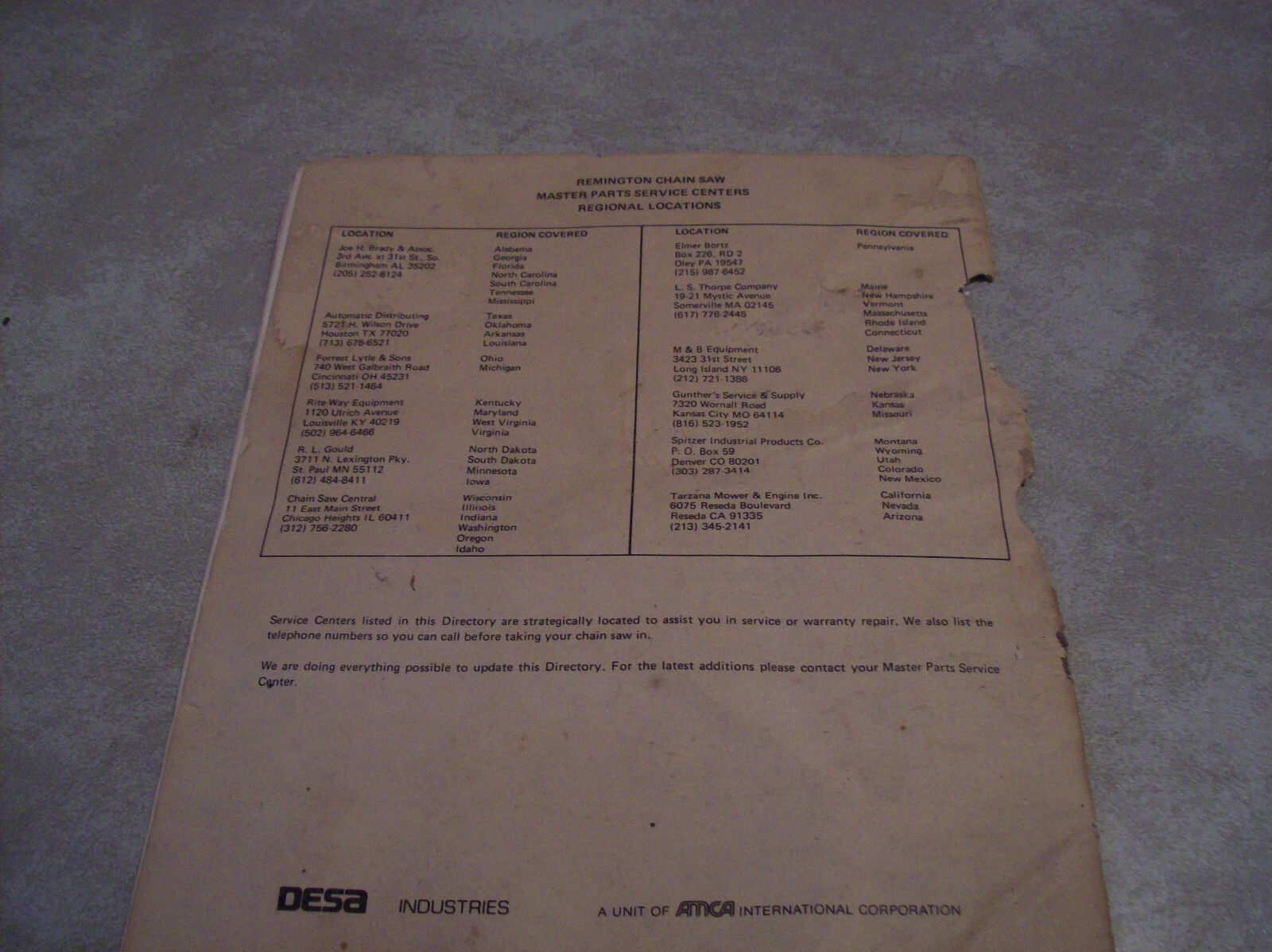 vintage REMINGTON gasoline chain saw authorized service centers brochure