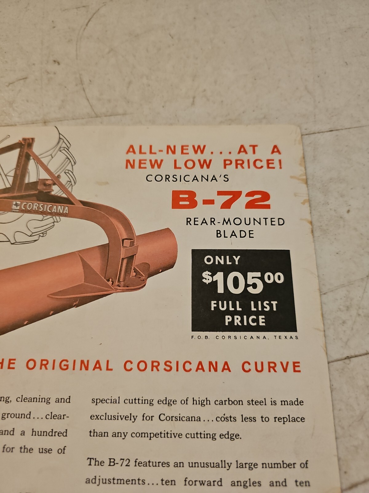 Vintage Corsicana B-72 REAR MOUNTED BLADE SALES BROCHURE FLYER