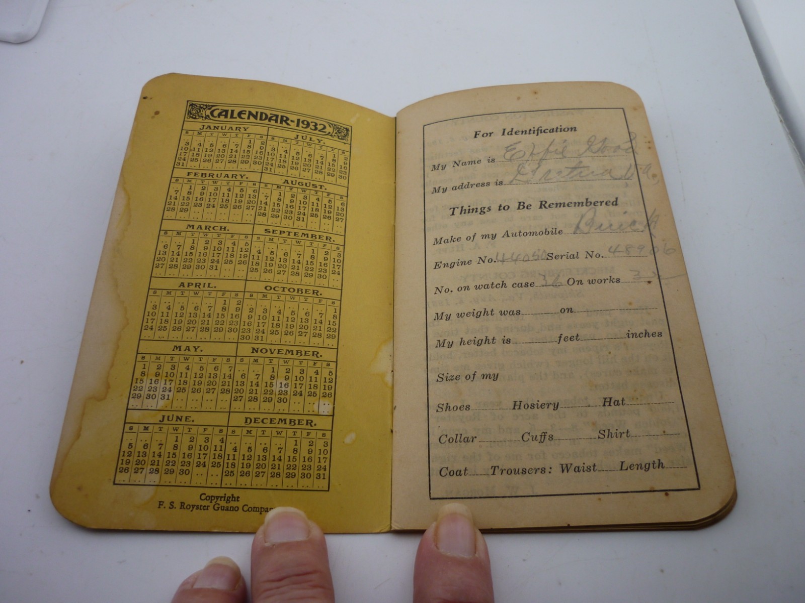 1932 F.S. Royster Guano Co Pocket Calendar Memorandum Book Norfolk VA Farm Adv