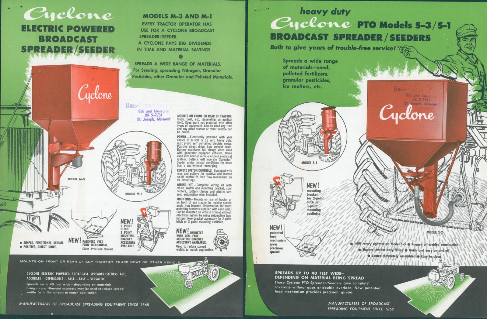 c1970 Cyclone Seeder Color Dealer Ad Trade Flier Pair Urbana IN Farm Planting US