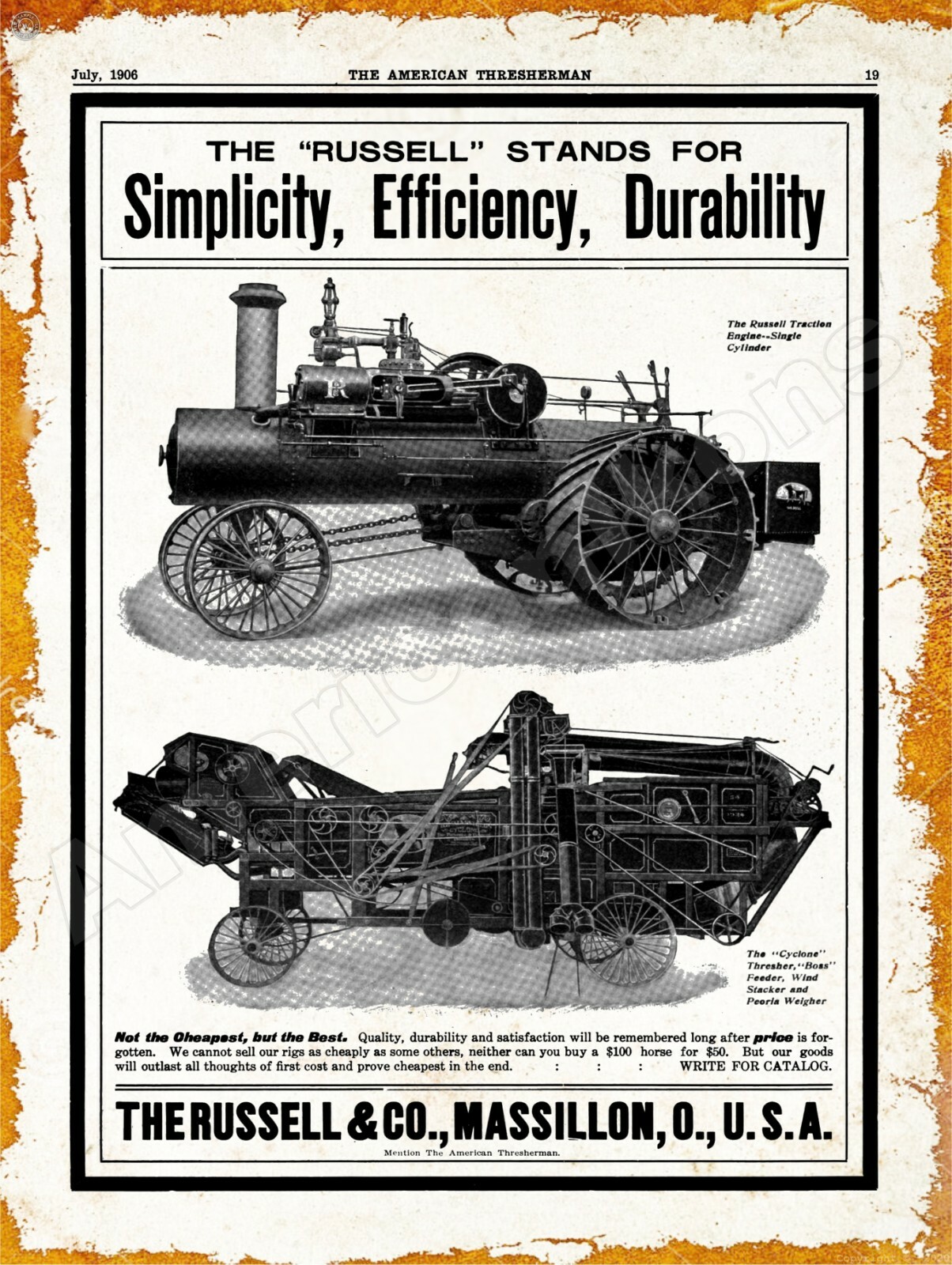 1906 Russell Single Cylinder Traction Engine New Metal Sign: Massillon, Ohio