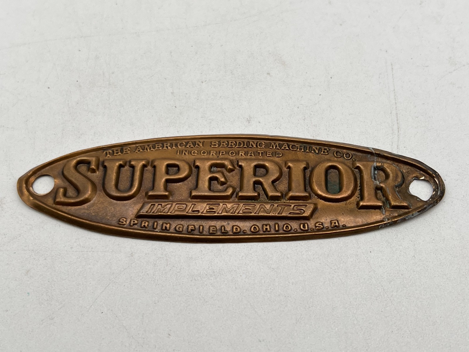 Vintage The American Seeding Machine Co. Superior Implements Brass Tag / Plate