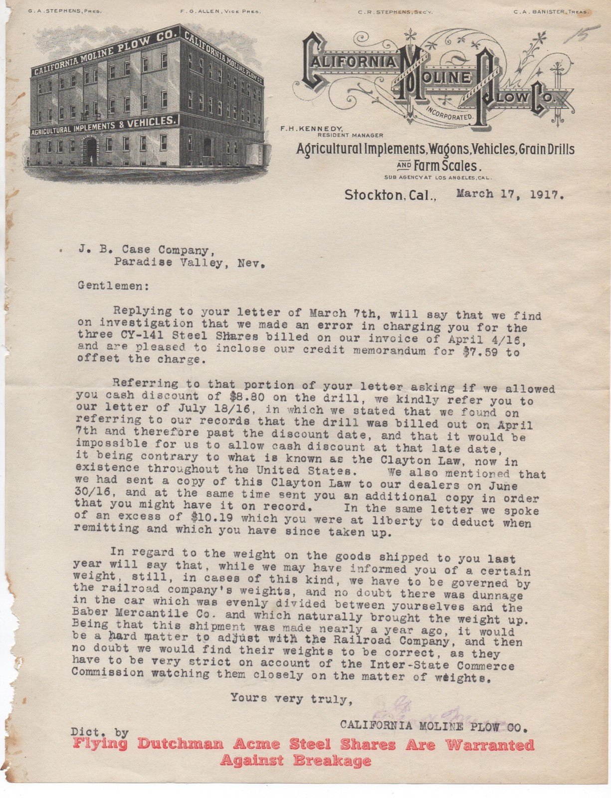 1917 Letterhead from the California Moline Plow Co of Stockton CA