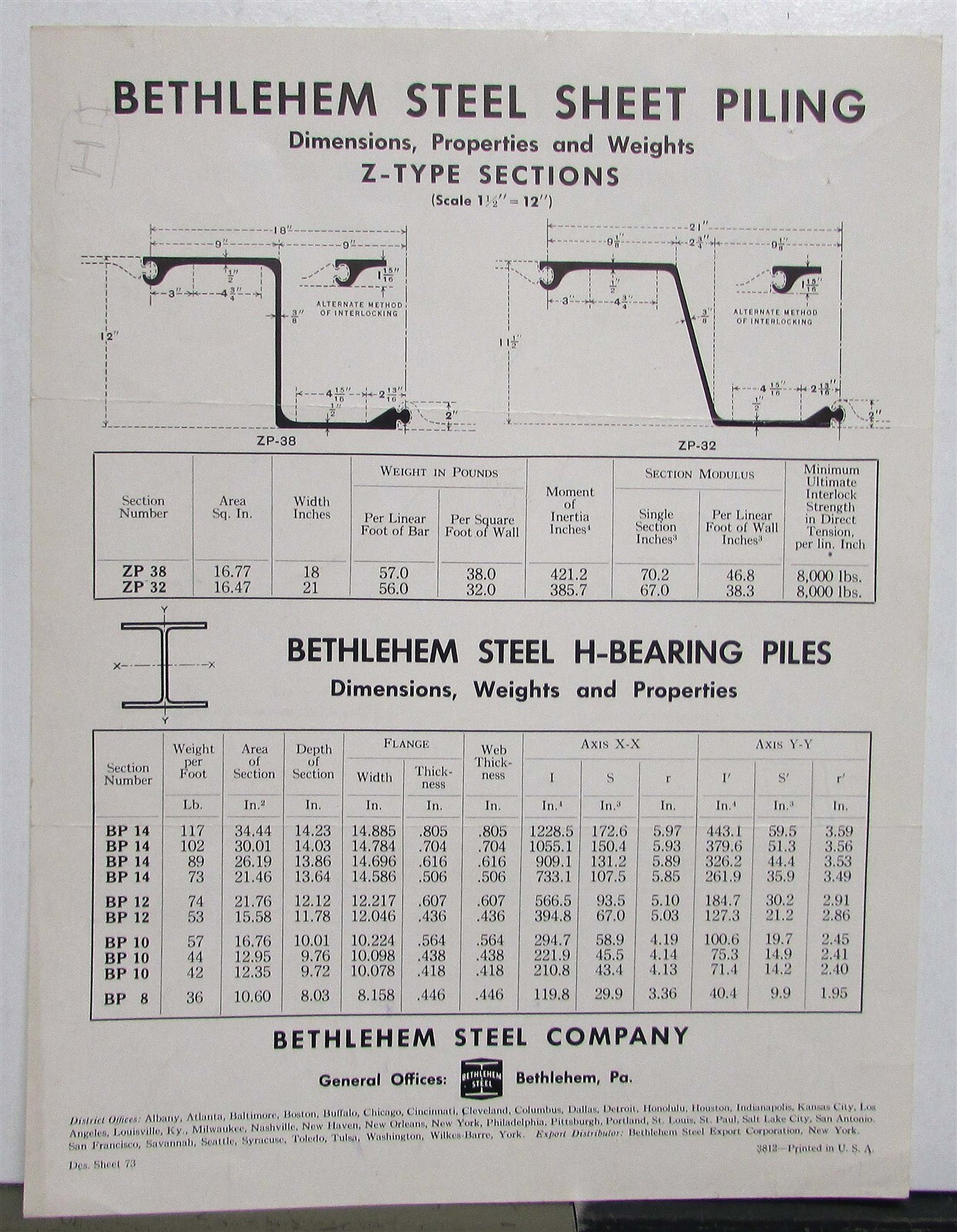 1939 Bethlehem Steel Sheet Piling Dimensions Properties Weights Sales Data Sheet